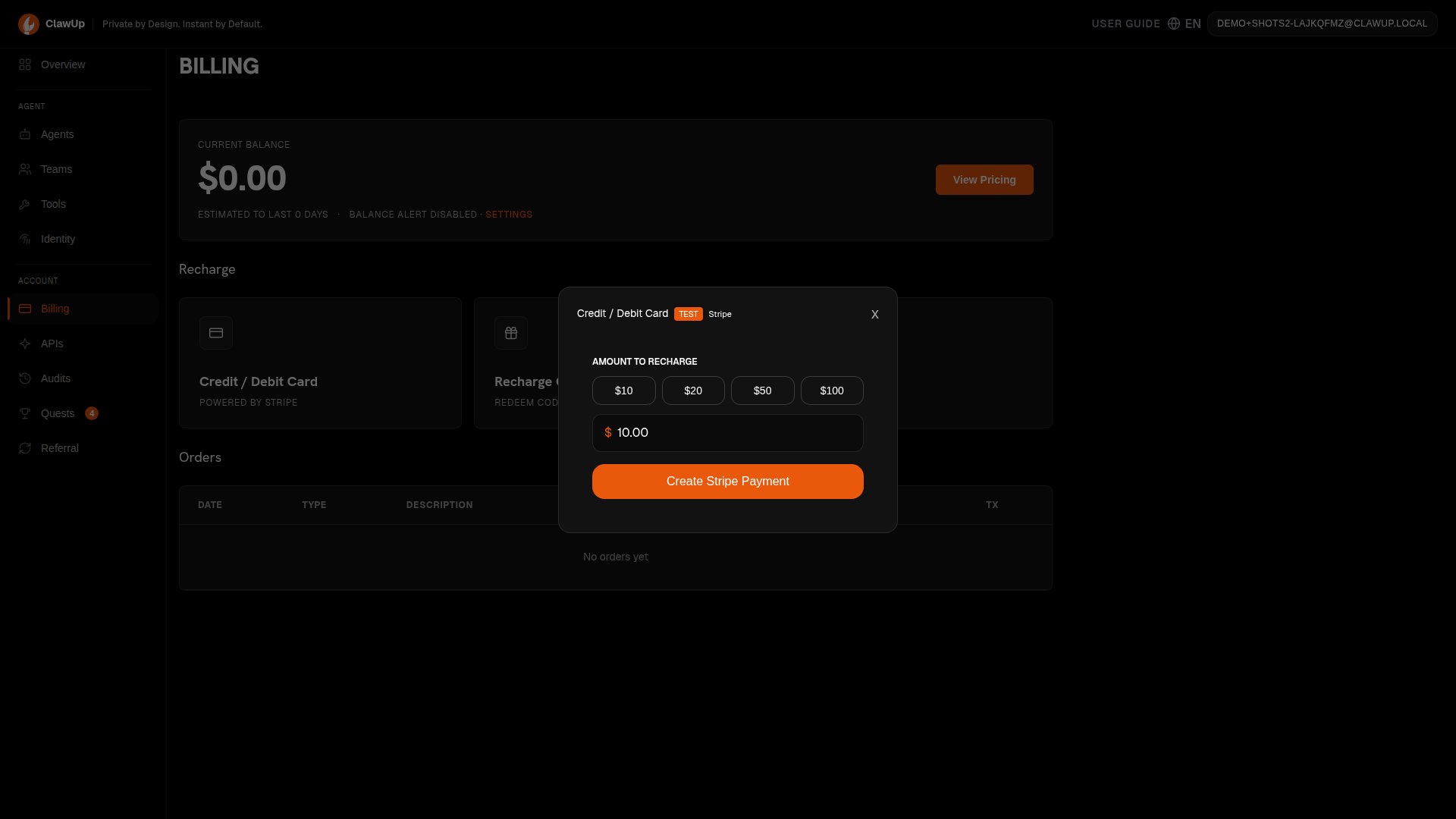 Credit / Debit Card recharge modal