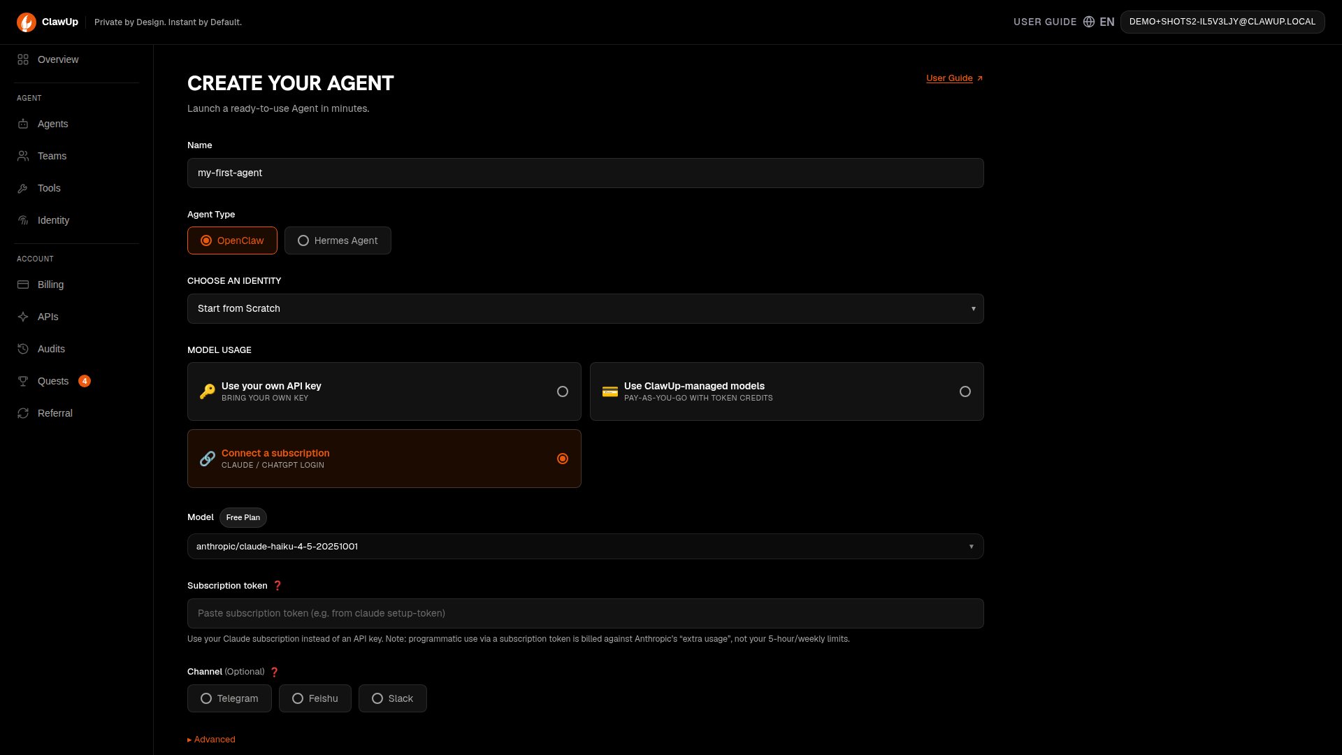 Connect a subscription selected on the Create Agent form