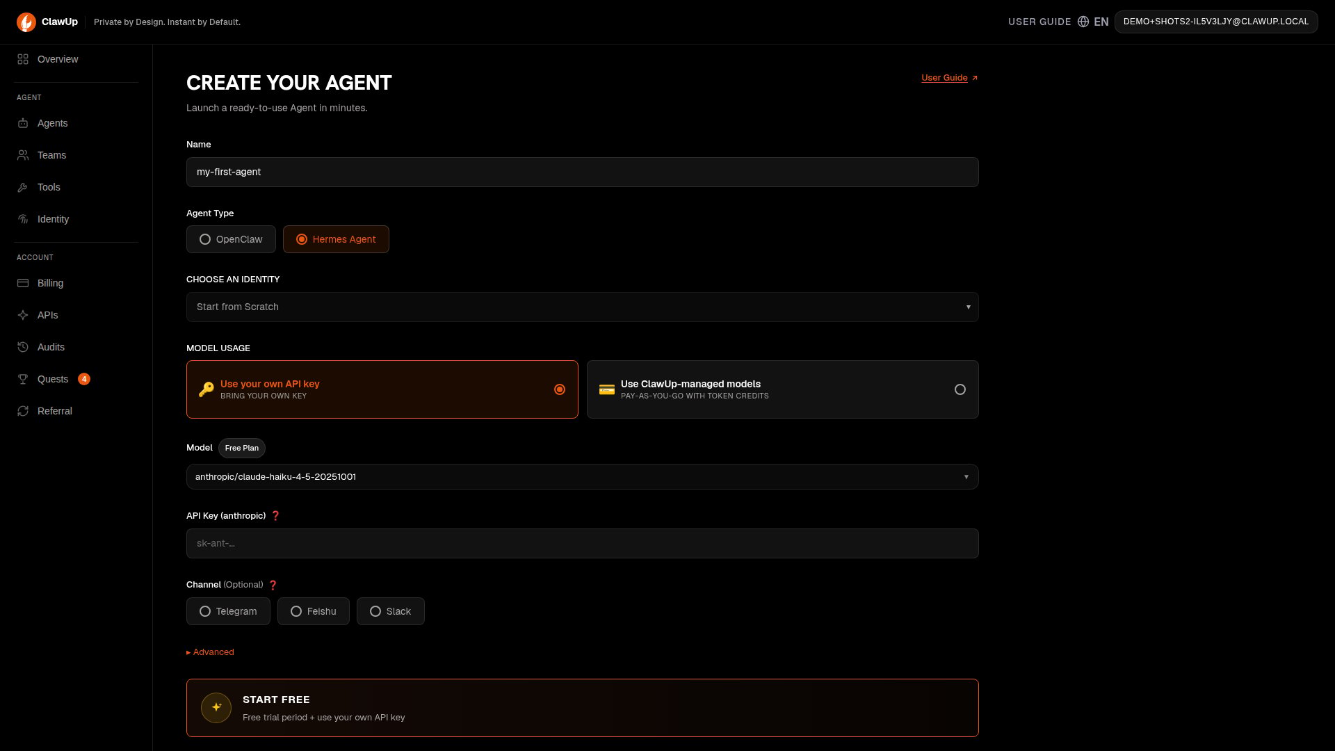 Agent Type set to Hermes Agent hides the Connect a subscription option