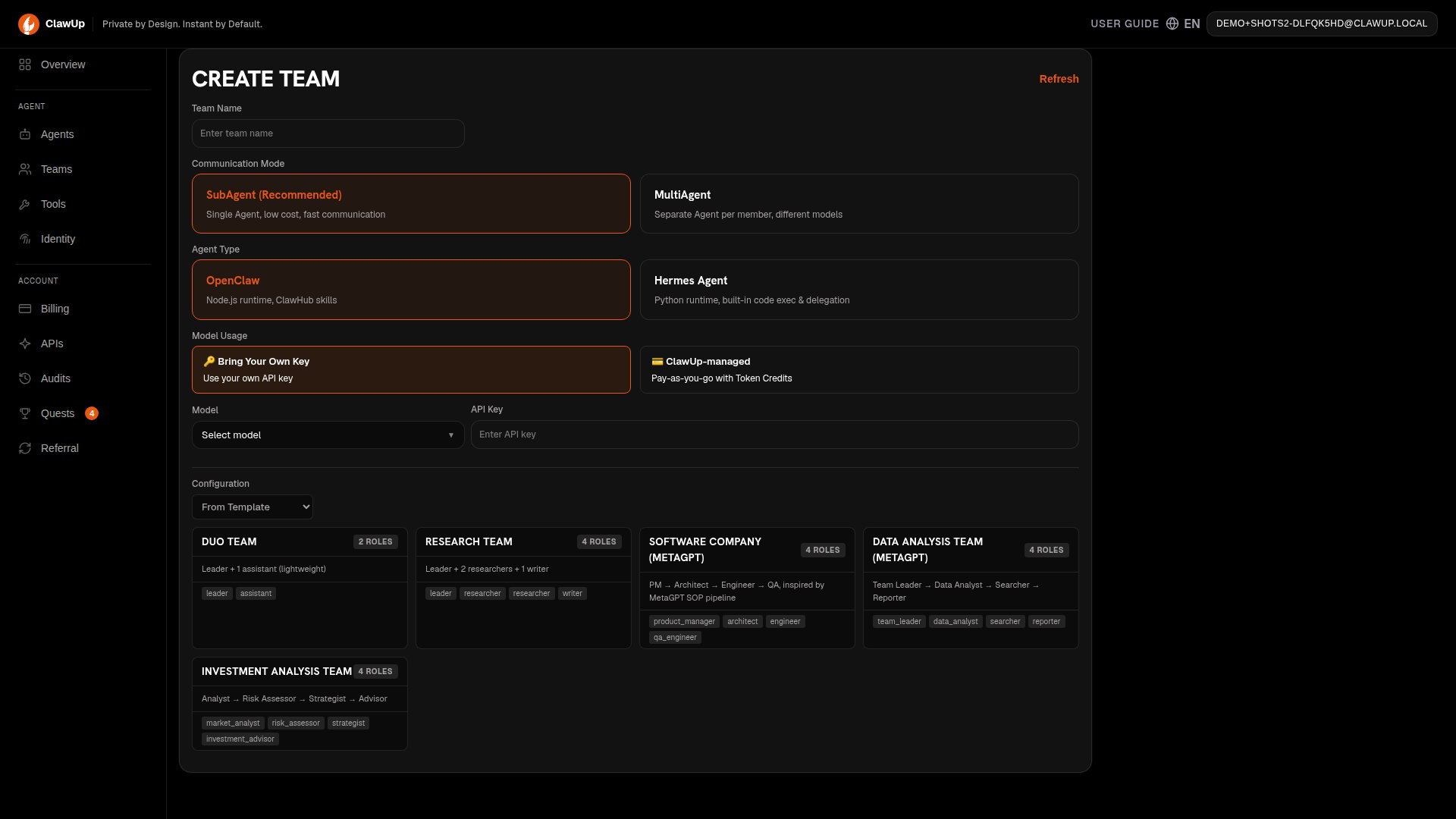 Create Team page with template configuration