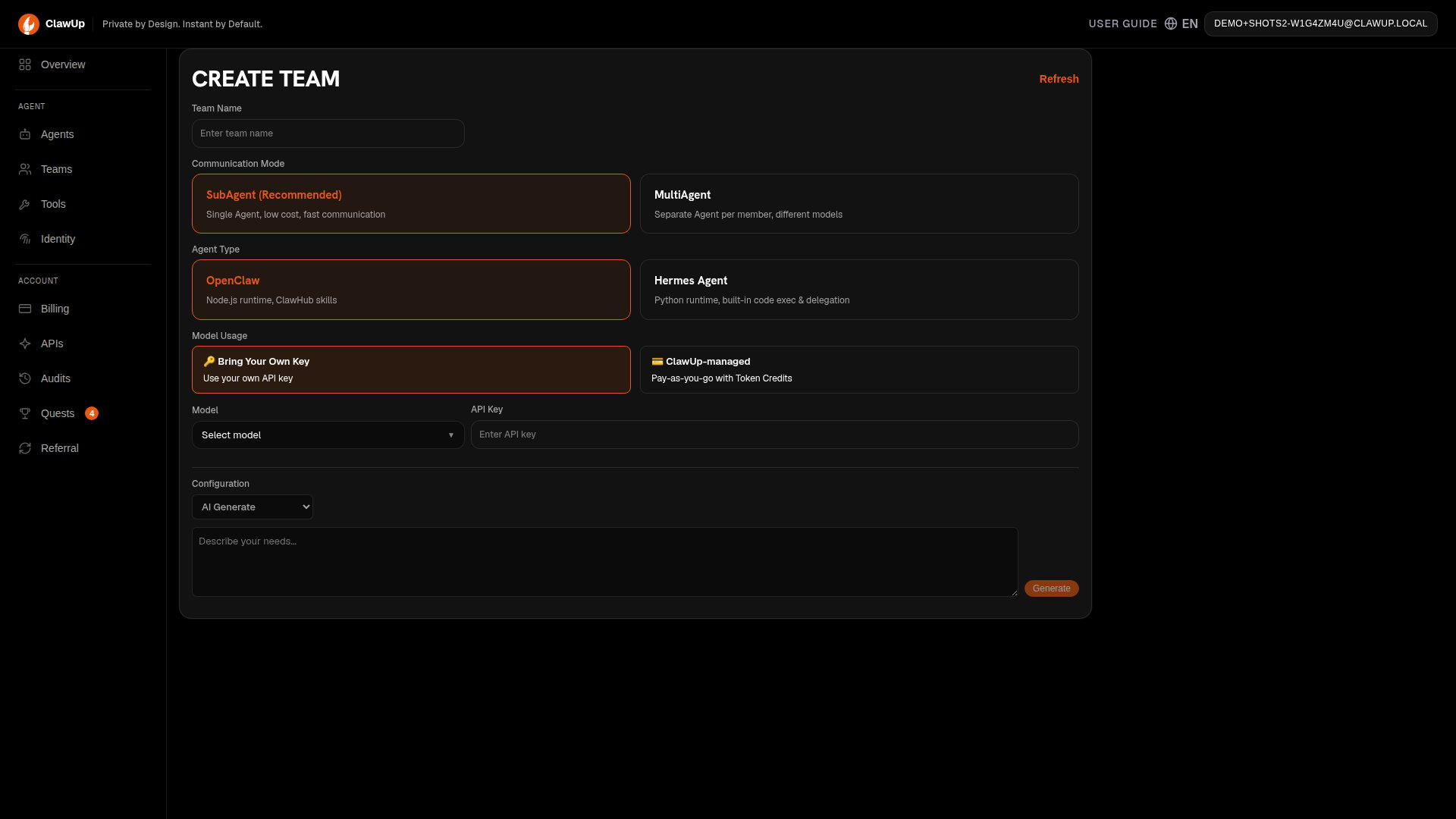 Create Team page with AI Generate configuration