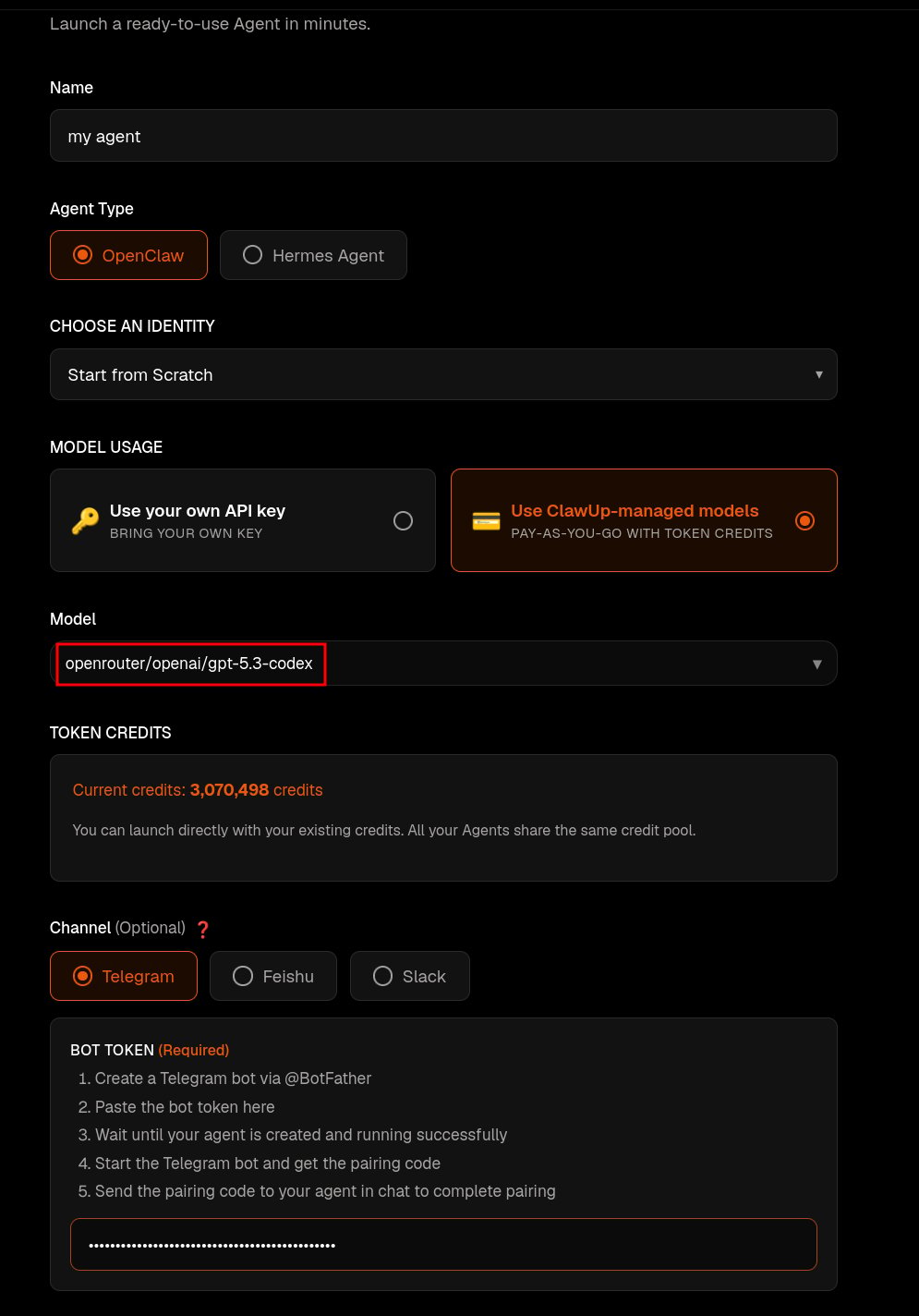 Create agent — pick any model under Model Usage