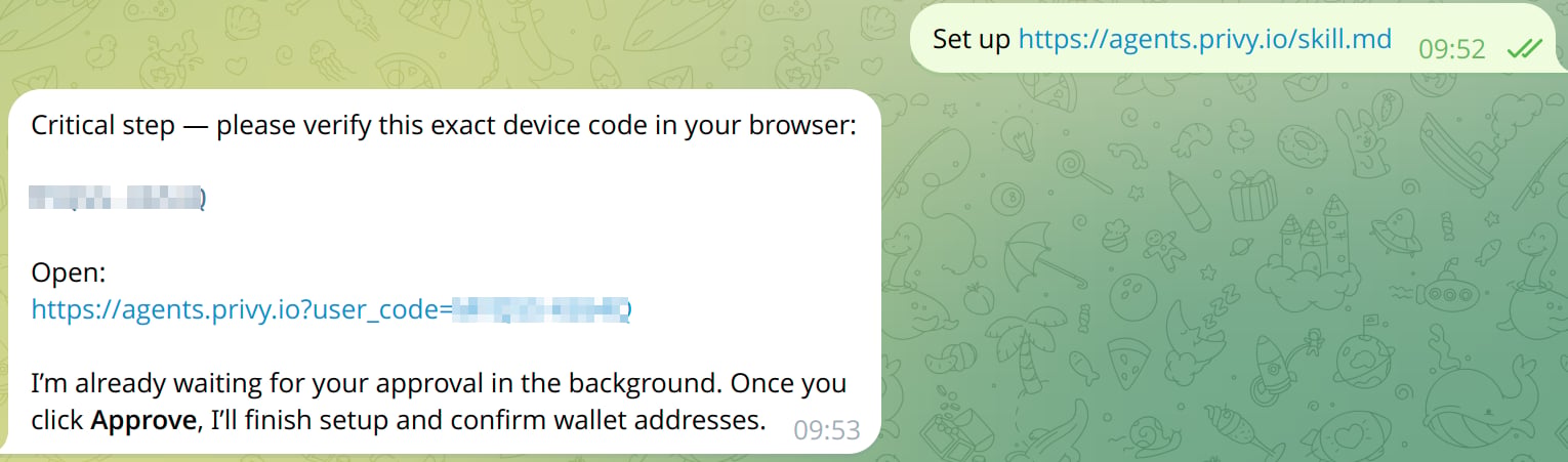 Agent installs the Privy skill and returns a device code + login link