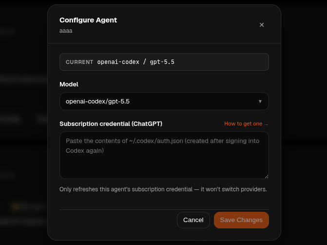 Configure Agent panel showing the Subscription credential field for a ChatGPT agent