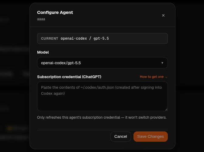 Configure Agent panel showing the Subscription credential field for a ChatGPT agent
