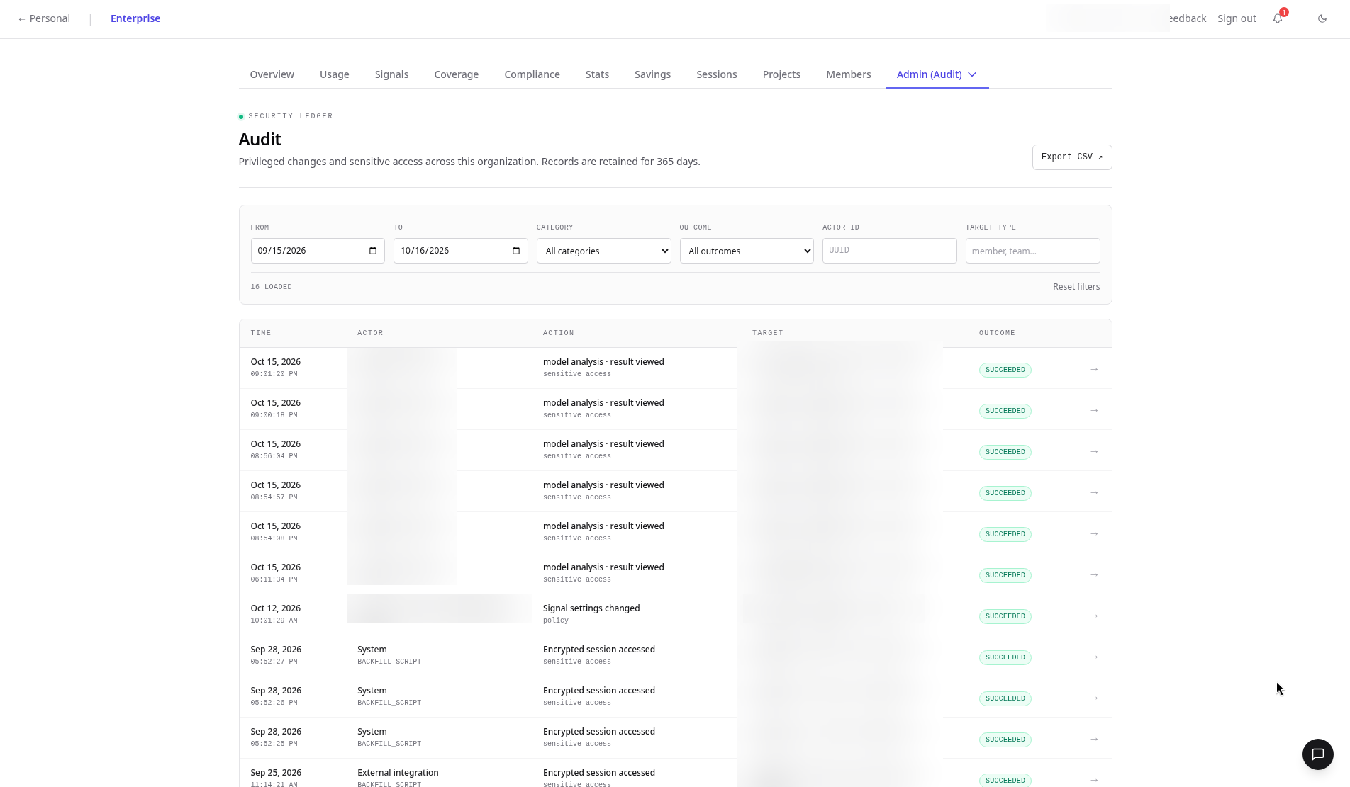 Audit security ledger with 365-day retention, date, category, outcome, actor and target type filters, Export CSV button and event table with actors blurred