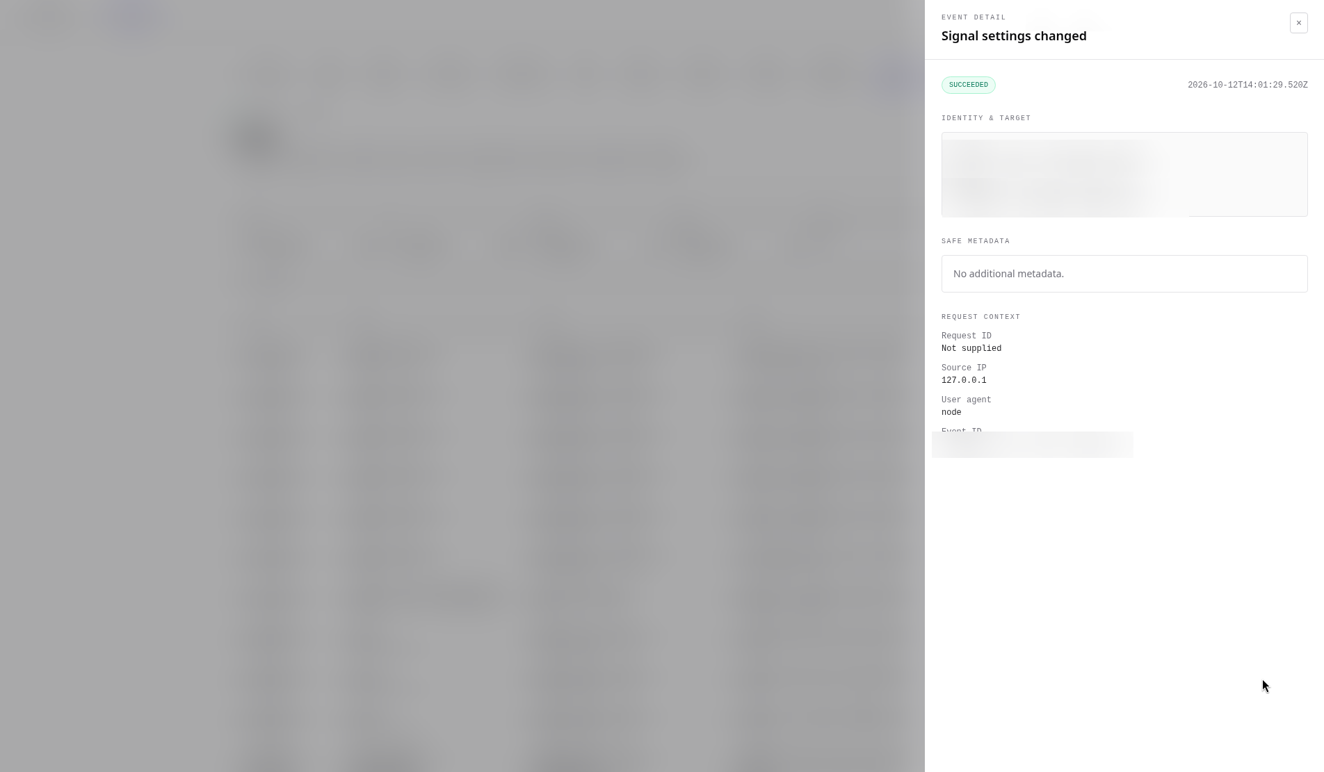 Audit event detail drawer for Signal settings changed showing outcome, timestamp, identity, target, metadata and request context
