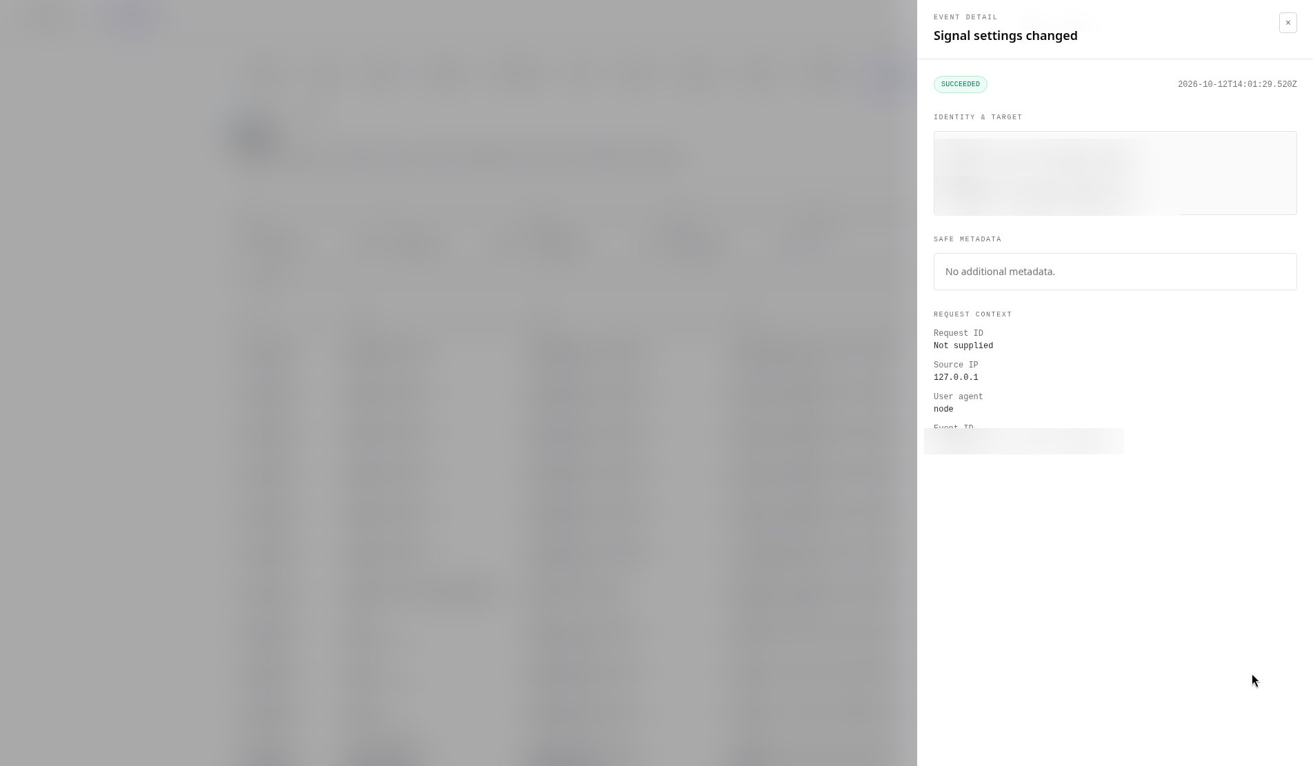 Audit event detail drawer for Signal settings changed showing outcome, timestamp, identity, target, metadata and request context