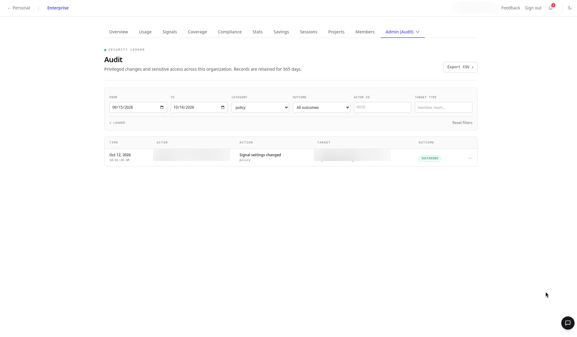 Audit log filtered to the Policy category showing one matching event