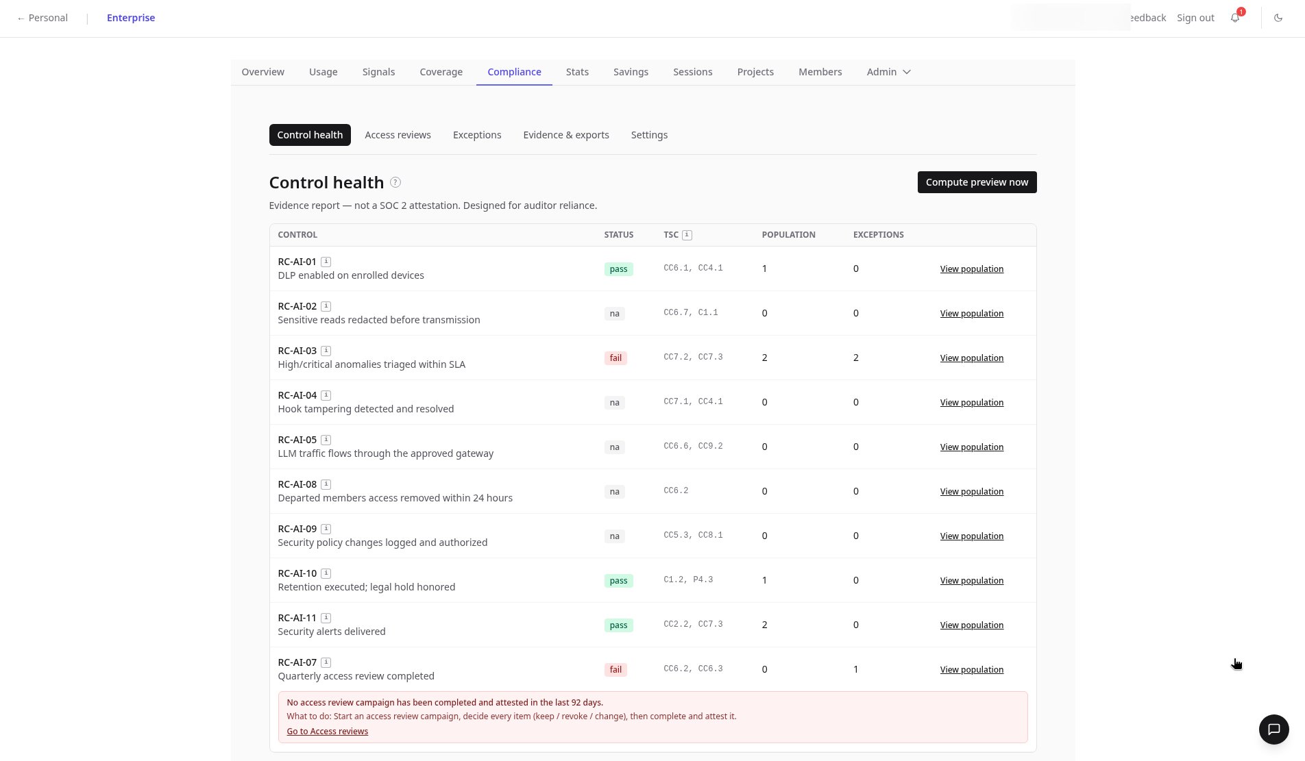 Compliance Control health table with RC-AI controls, pass fail and n/a status, TSC mapping and a failed quarterly access review callout