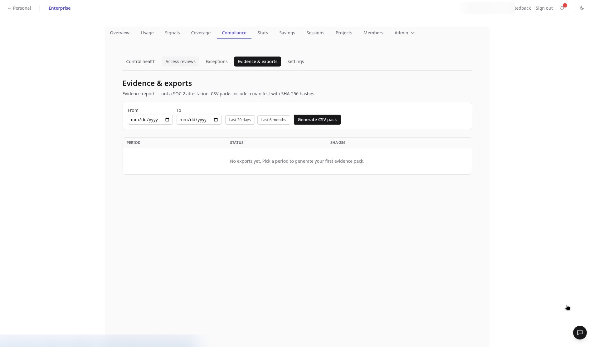 Evidence and exports tab with a period picker and Generate CSV pack button