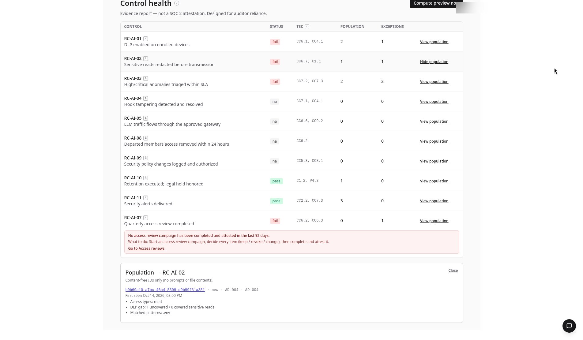 RC-AI-02 View population panel with session b9b69a10 flagged AD-004, read access, matched .env pattern and a DLP gap of 1 uncovered sensitive read