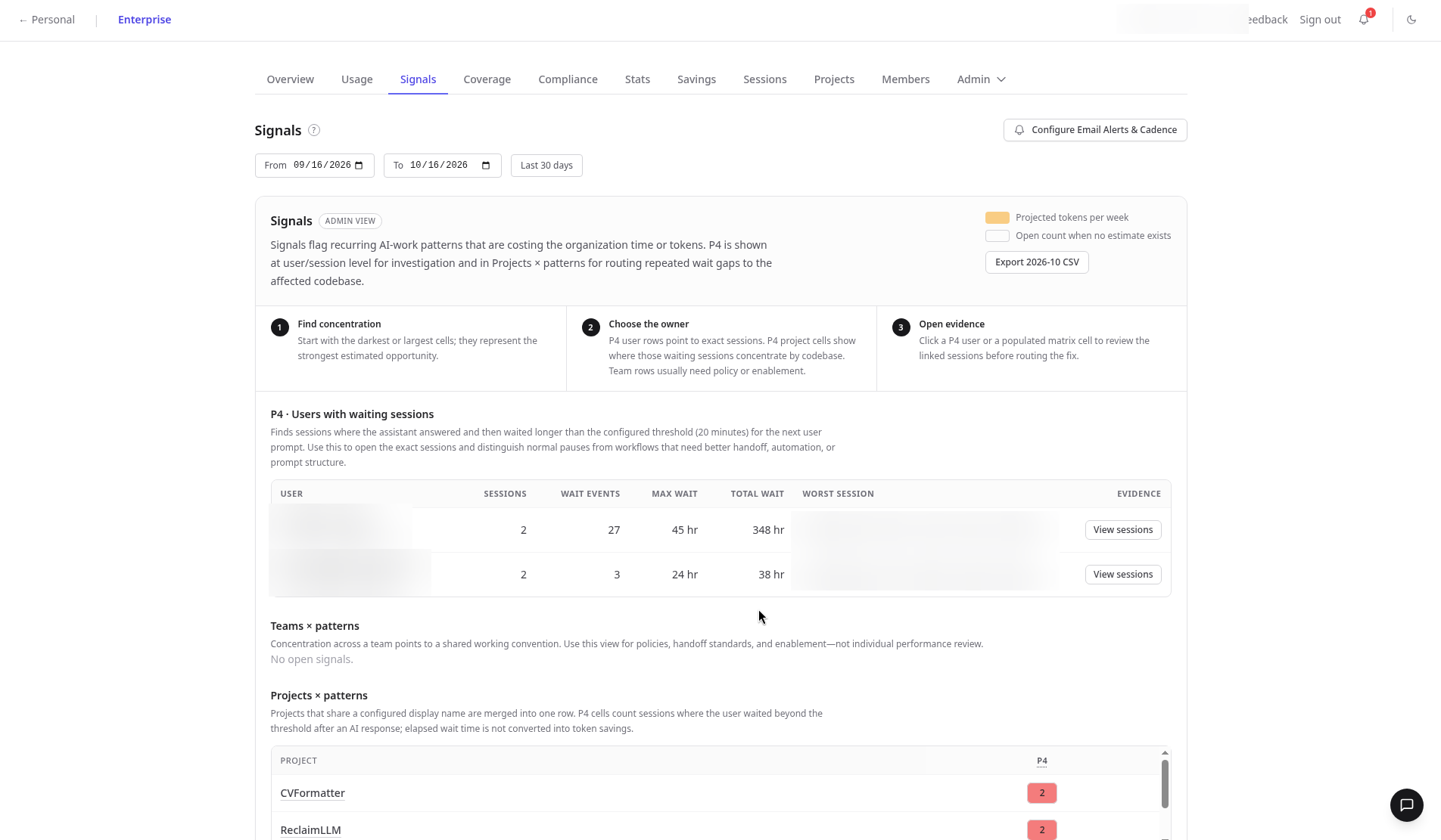 Signals overview for the last 30 days with the three-step workflow, users table and Projects by patterns matrix, names blurred