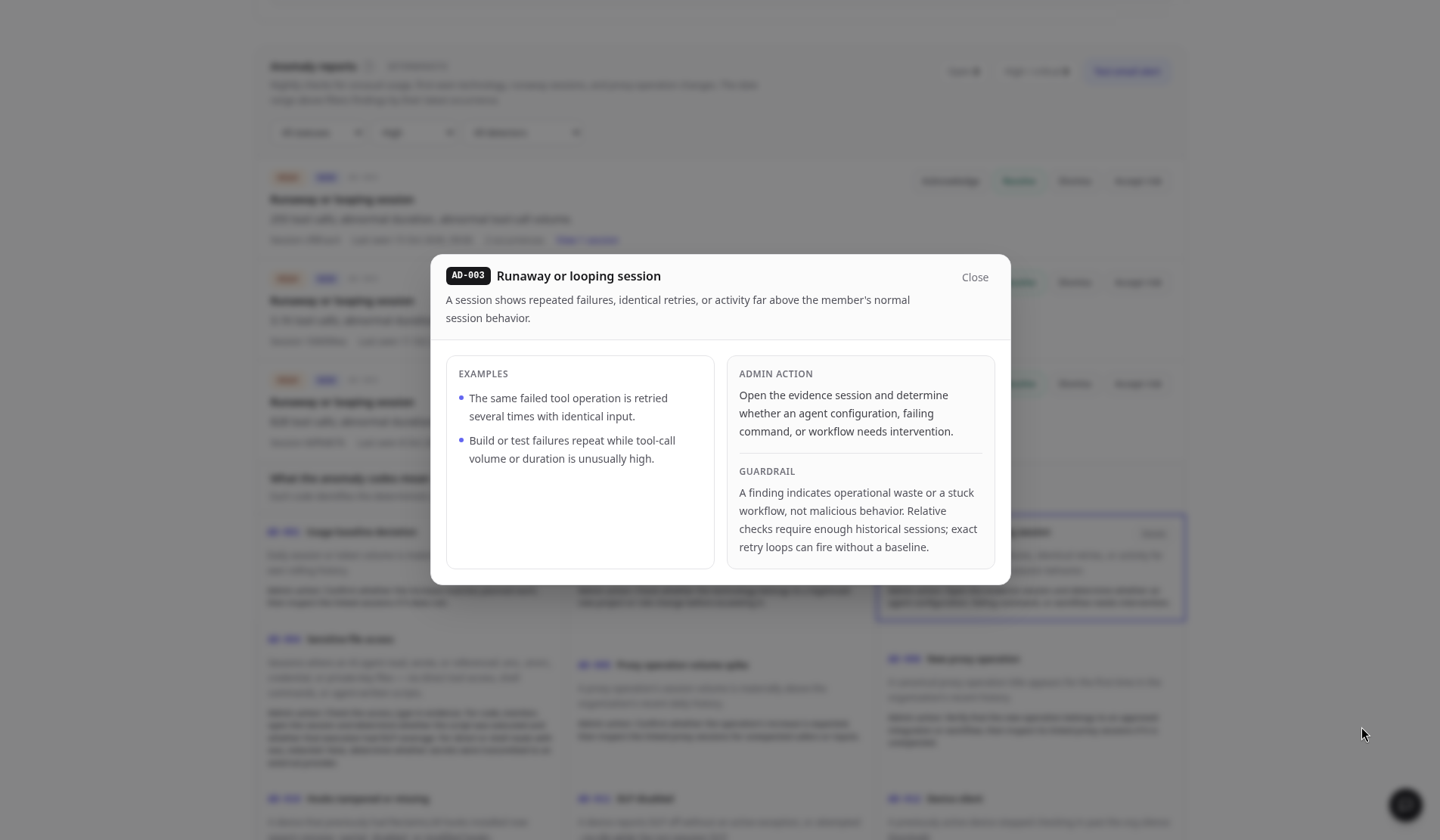 AD-003 Runaway or looping session code detail with examples, admin action and guardrail
