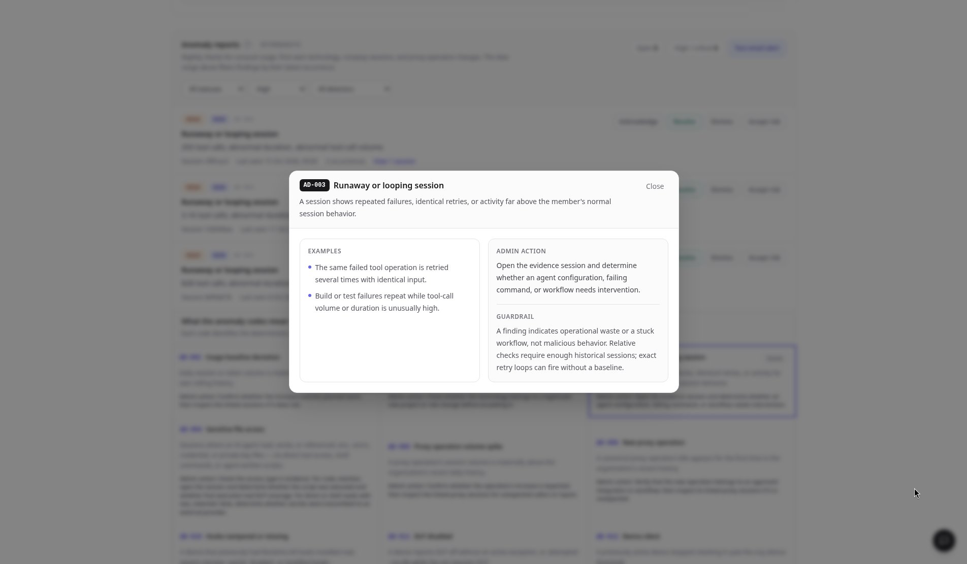 AD-003 Runaway or looping session code detail with examples, admin action and guardrail