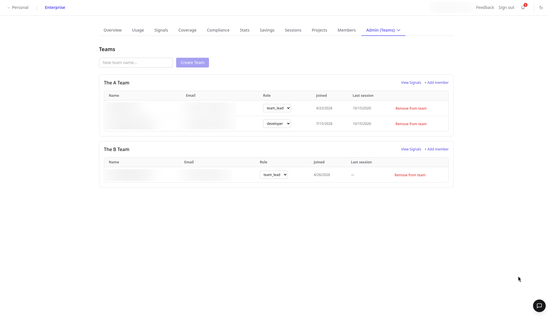 Teams admin page with per-team member tables, role selectors, joined and last session dates and View Signals, names and emails blurred
