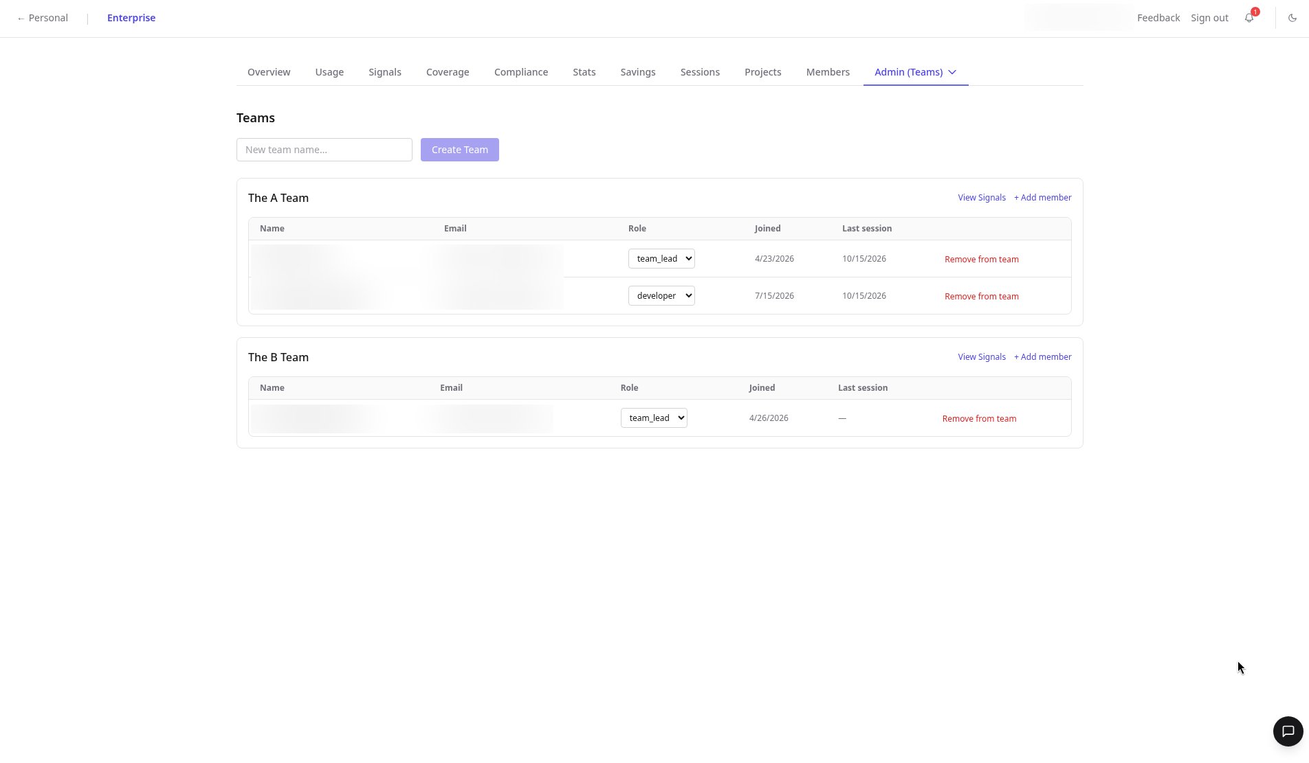 Teams admin page with per-team member tables, role selectors, joined and last session dates and View Signals, names and emails blurred