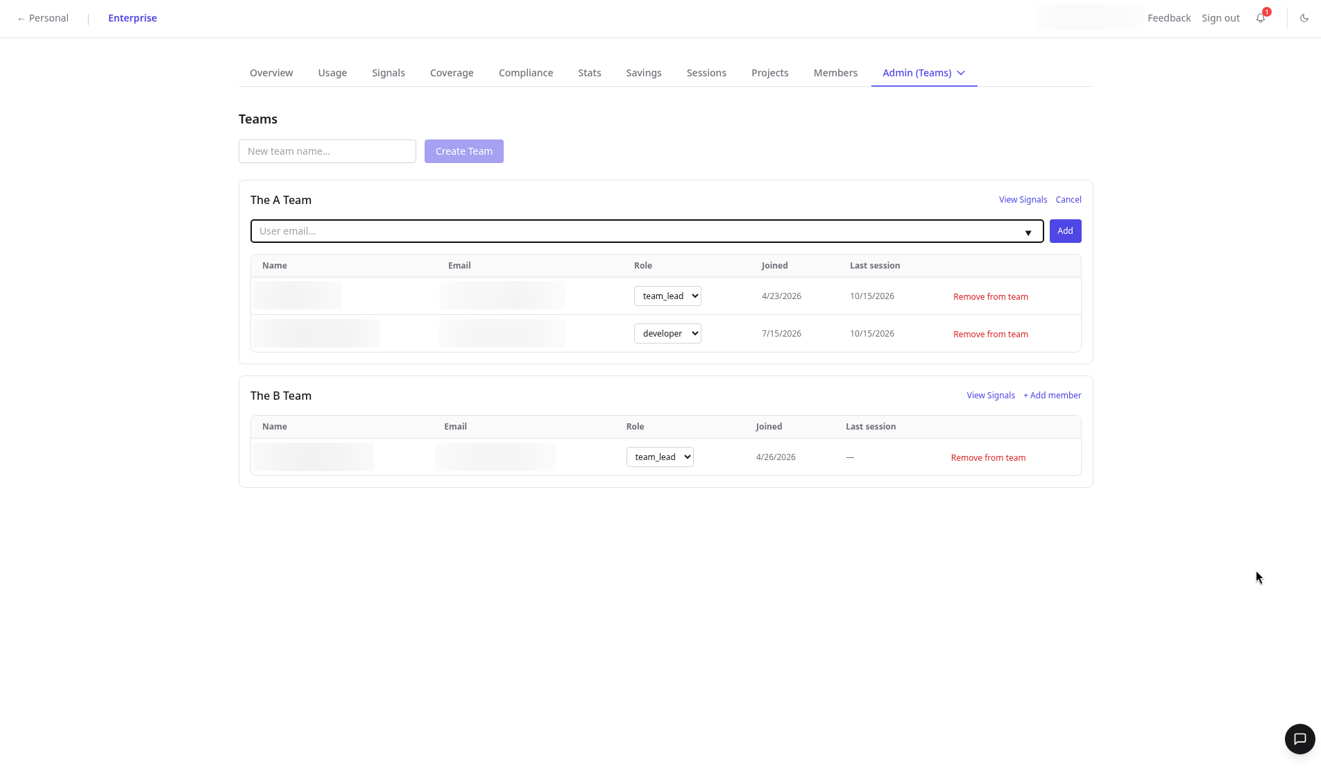 Add member form on The A Team with a single user email field and Add button, names and emails blurred