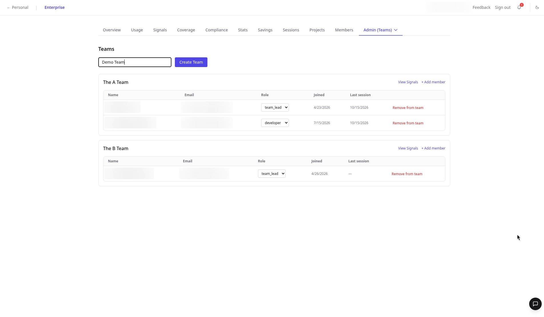 Inline Create Team field at the top of the Teams page with Demo Team typed in