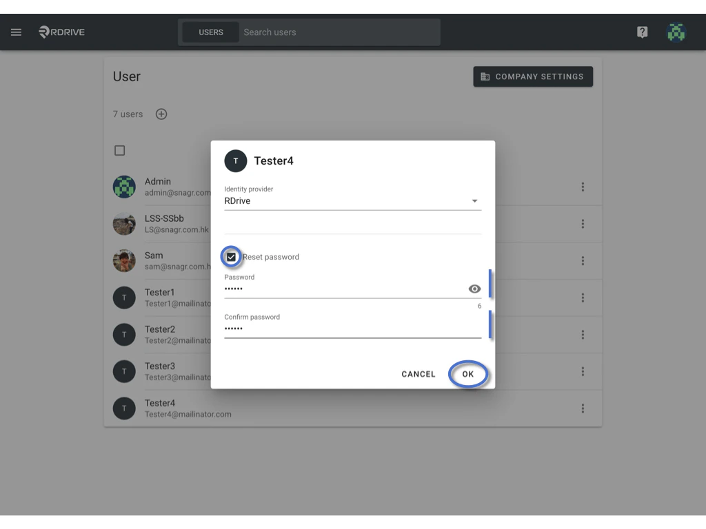 How to reset the password for the user?
