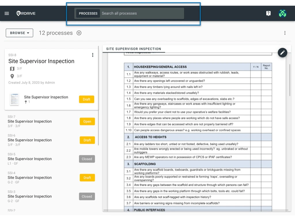 Can I search for a Process/Checklist form by its content?