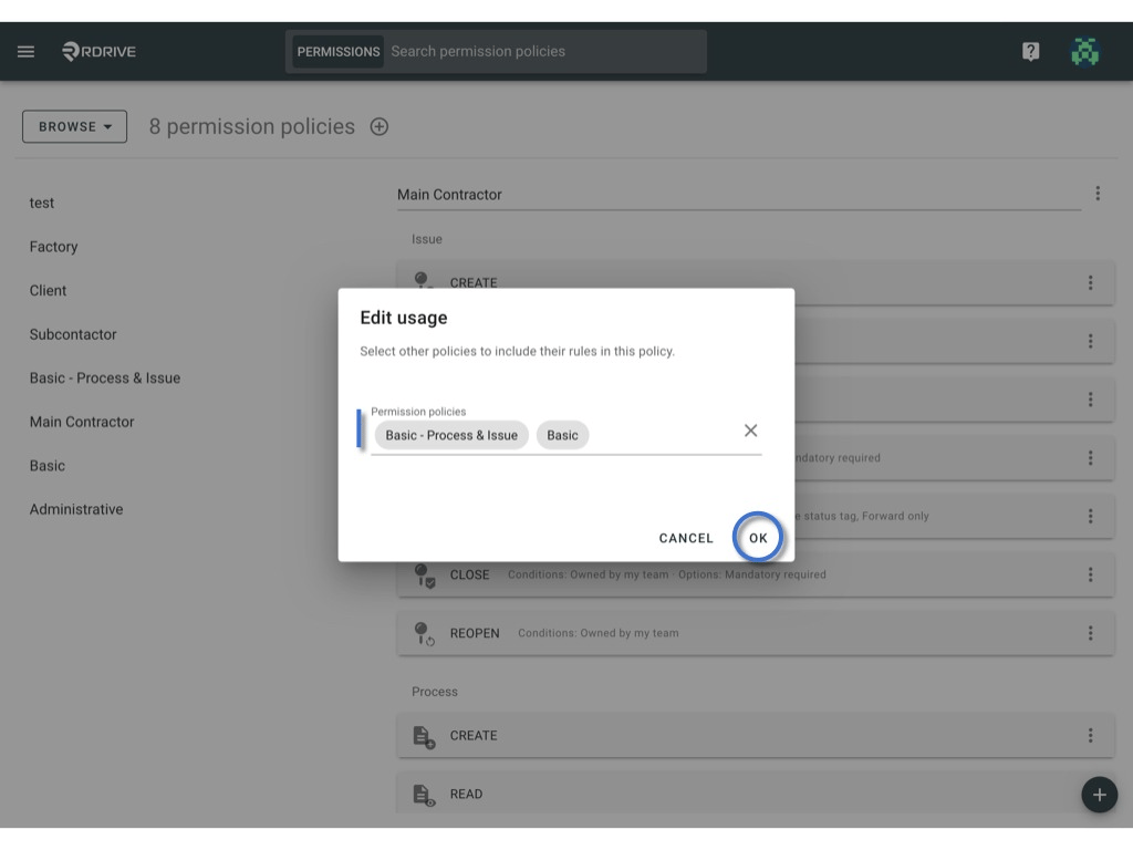 Manage the permission policy