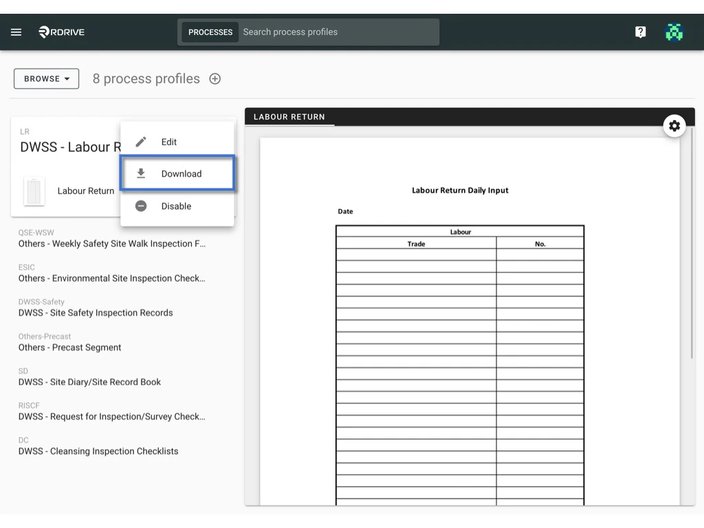 Export Process profile