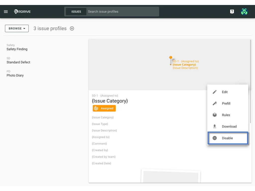 Disable an Issue profile