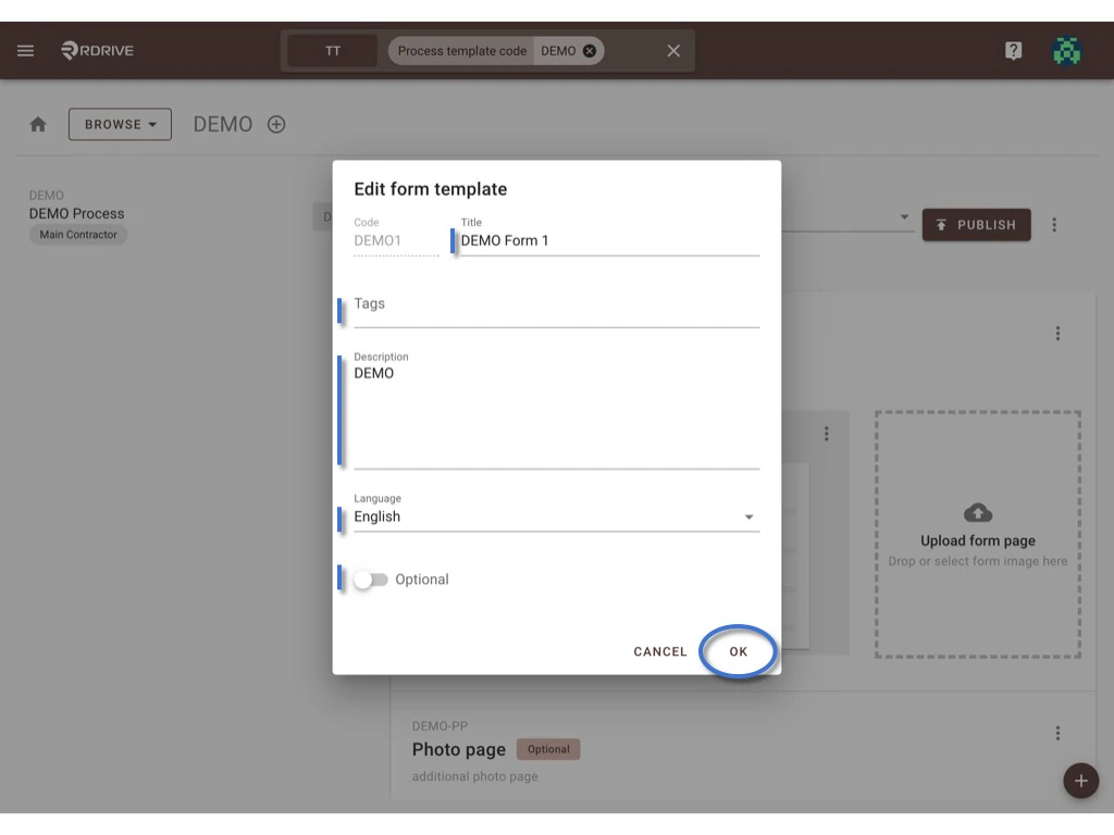 How to update the process template & form?