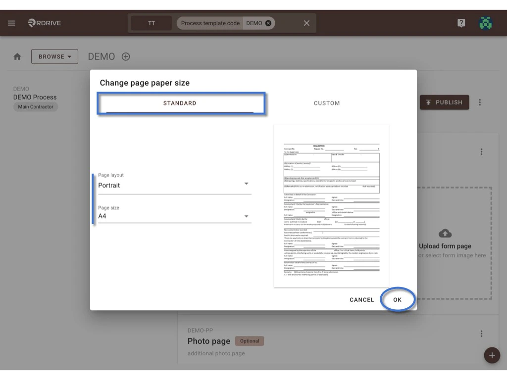 How to update the process template & form?
