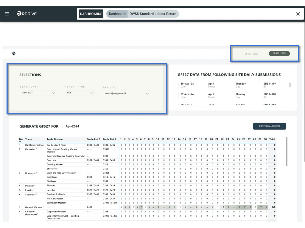 How to generate the GF527 via the Dashboard?