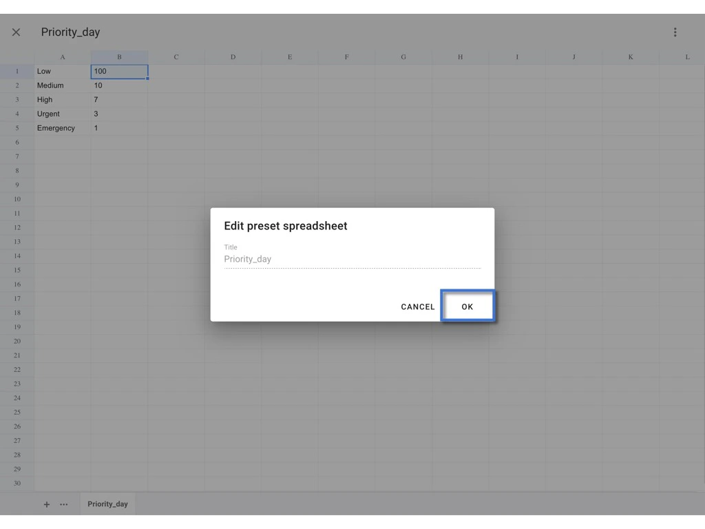 How to edit a preset spreadsheet on the project?