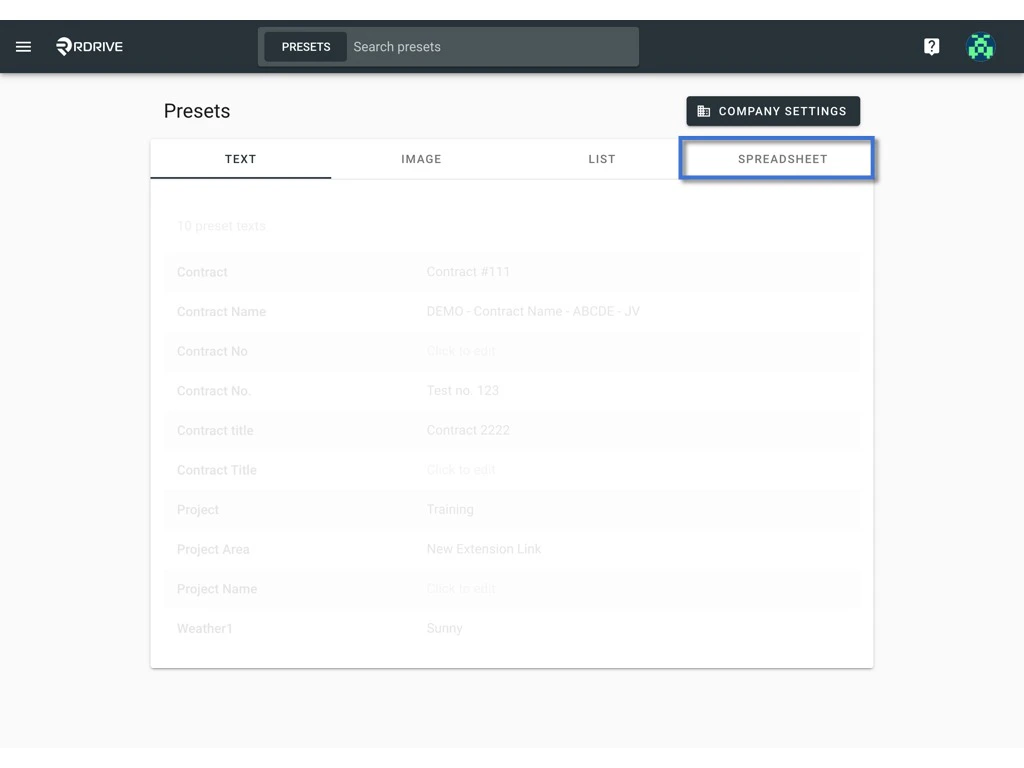 How to edit a preset spreadsheet on the project?