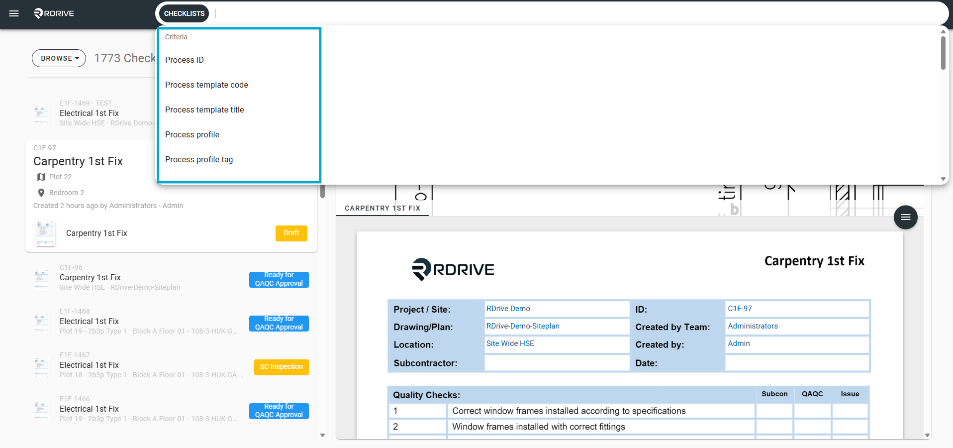 How do I search for a Process/Checklist Form?