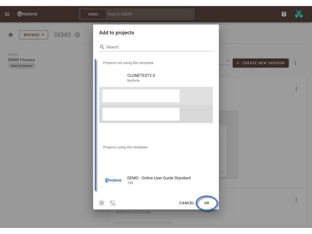Can I add template to project(s) from the company area?