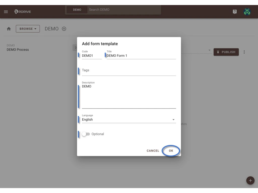 Create a process template with form