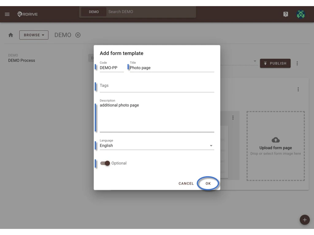 Create a process template with form
