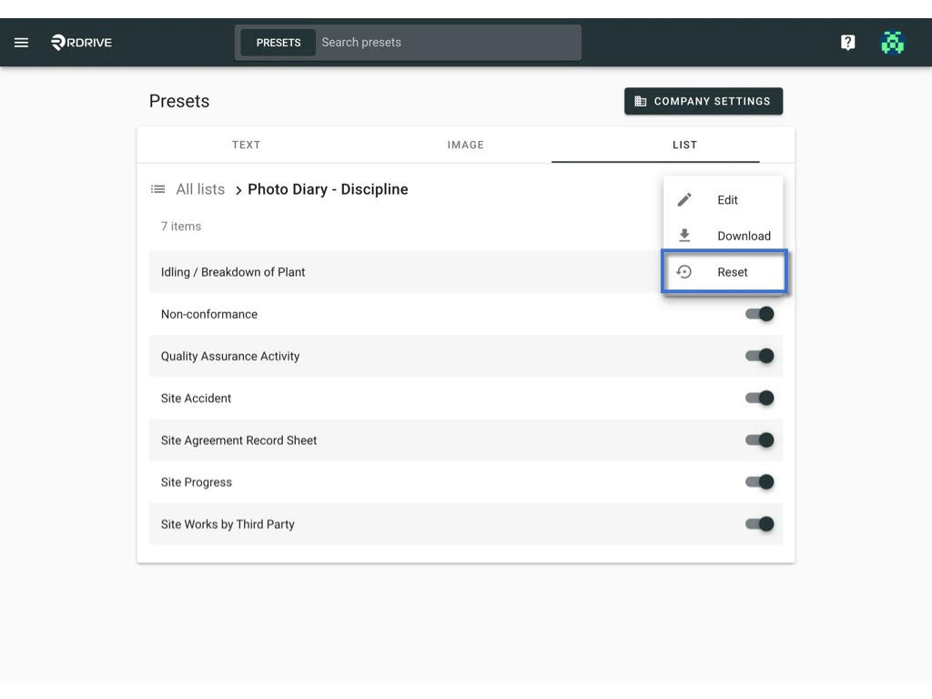 How to edit the items of a preset list?