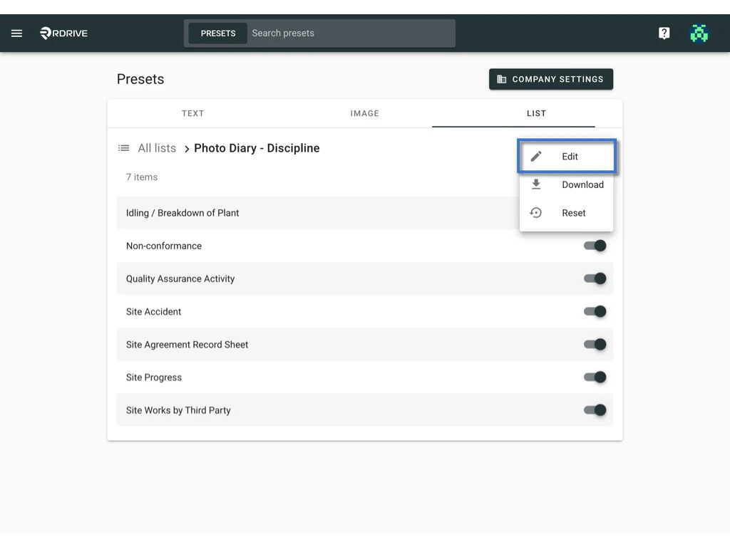 How to edit the items of a preset list?