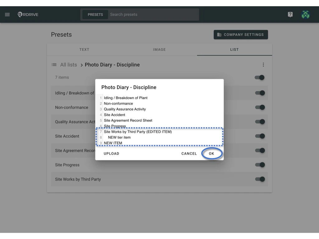 How to edit the items of a preset list?
