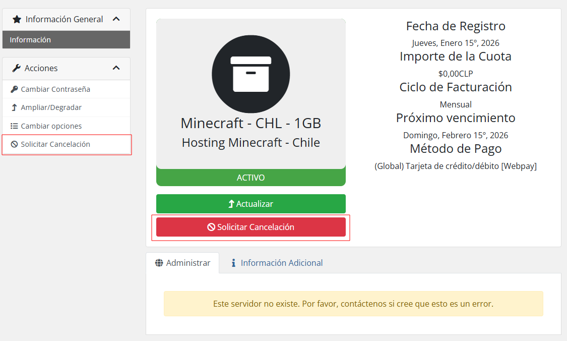 Pantalla de cancelación