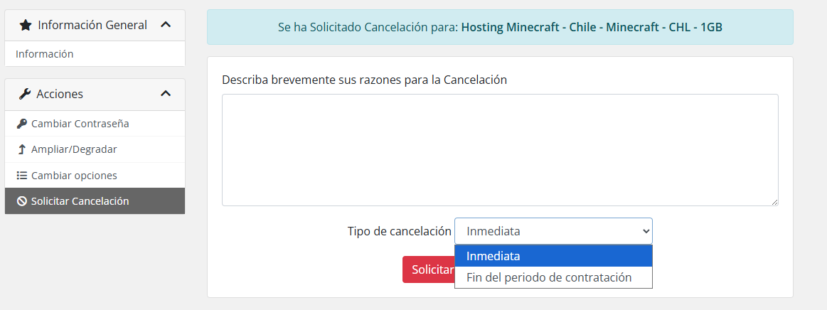 Pantalla de cancelación