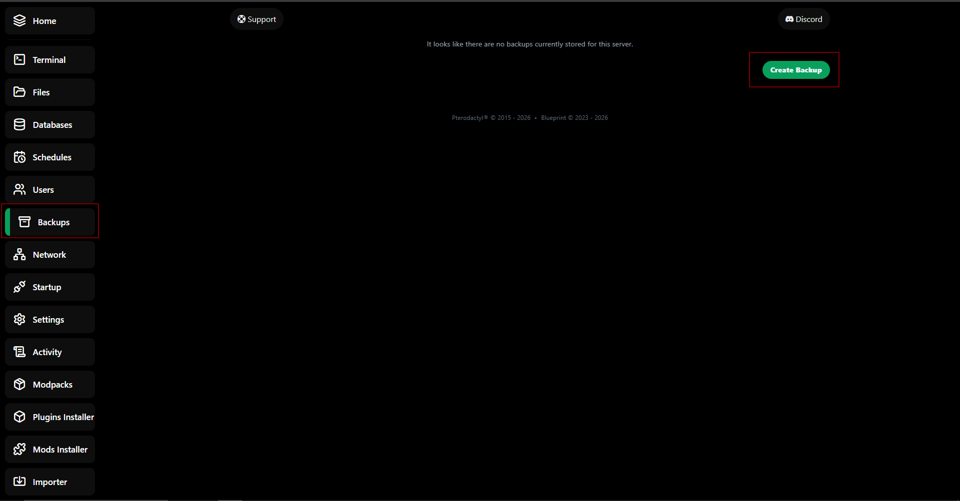 Interfaz de la pestaña Backups