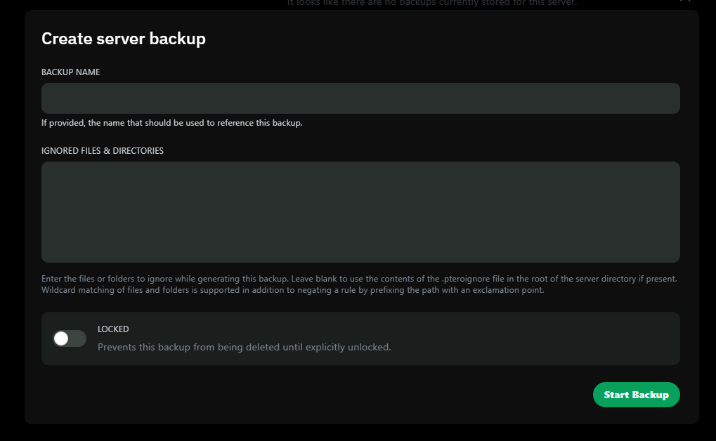 Formulario de creación de copia de seguridad