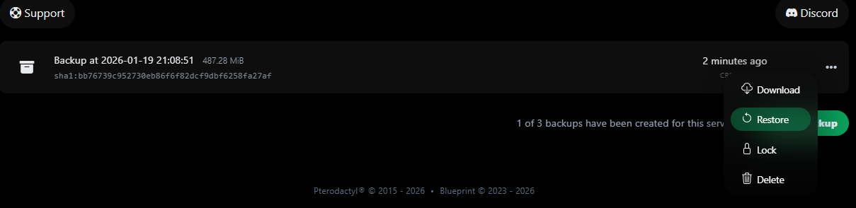 Menú de restauración de copias de seguridad