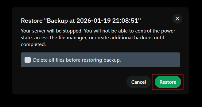Menú de restauración de copias de seguridad