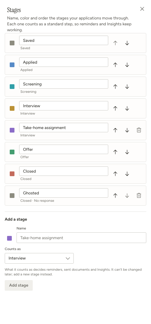 Stages sheet showing Take-home assignment between Interview and Offer, a Ghosted stage with the No response outcome, and accessible move up, move down, rename and color controls