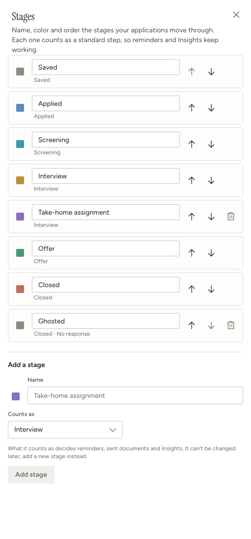 Stages sheet showing Take-home assignment between Interview and Offer, a Ghosted stage with the No response outcome, and accessible move up, move down, rename and color controls