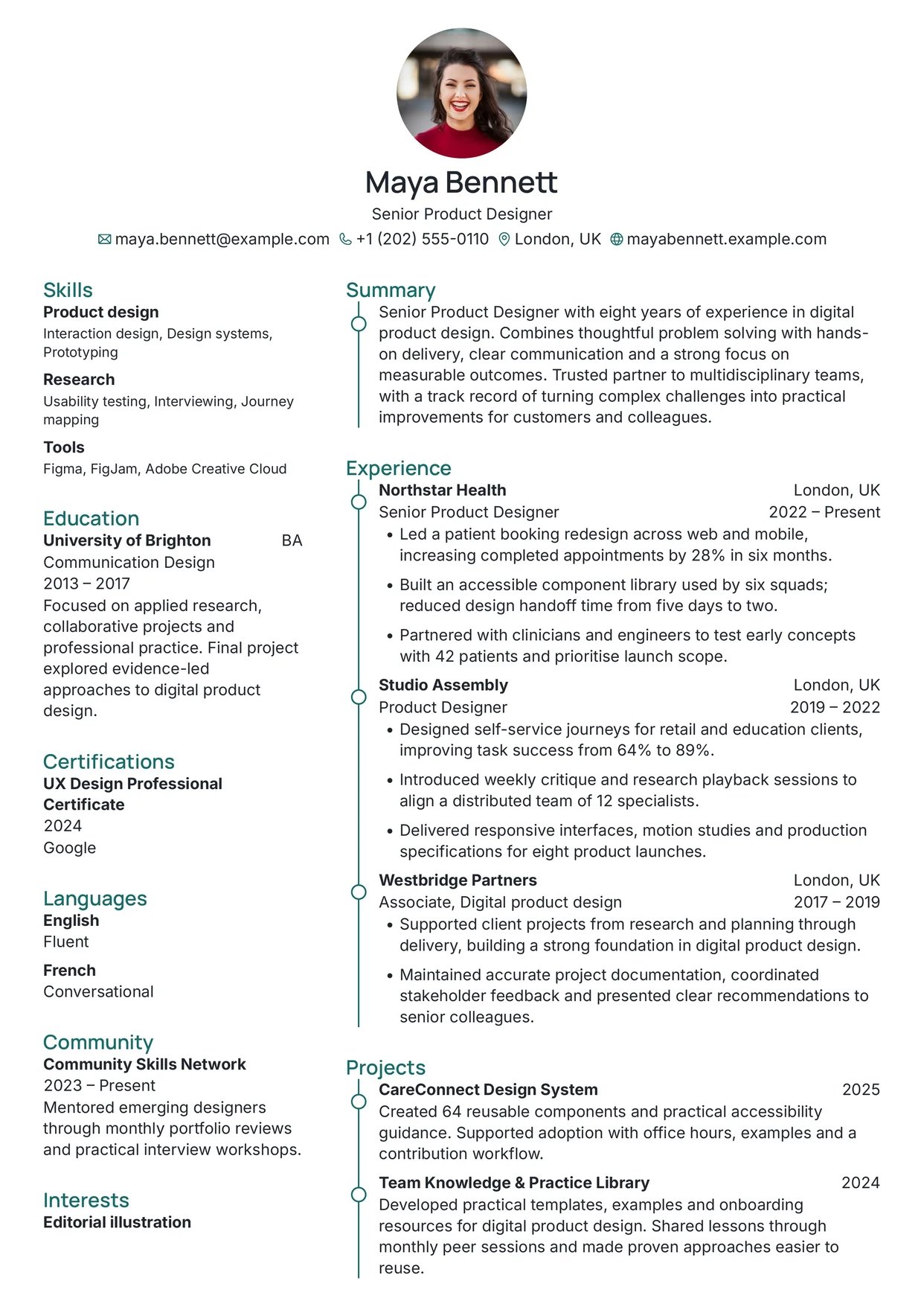 First page of a resume in the Azurill template: centred photo and header, sidebar on the left
