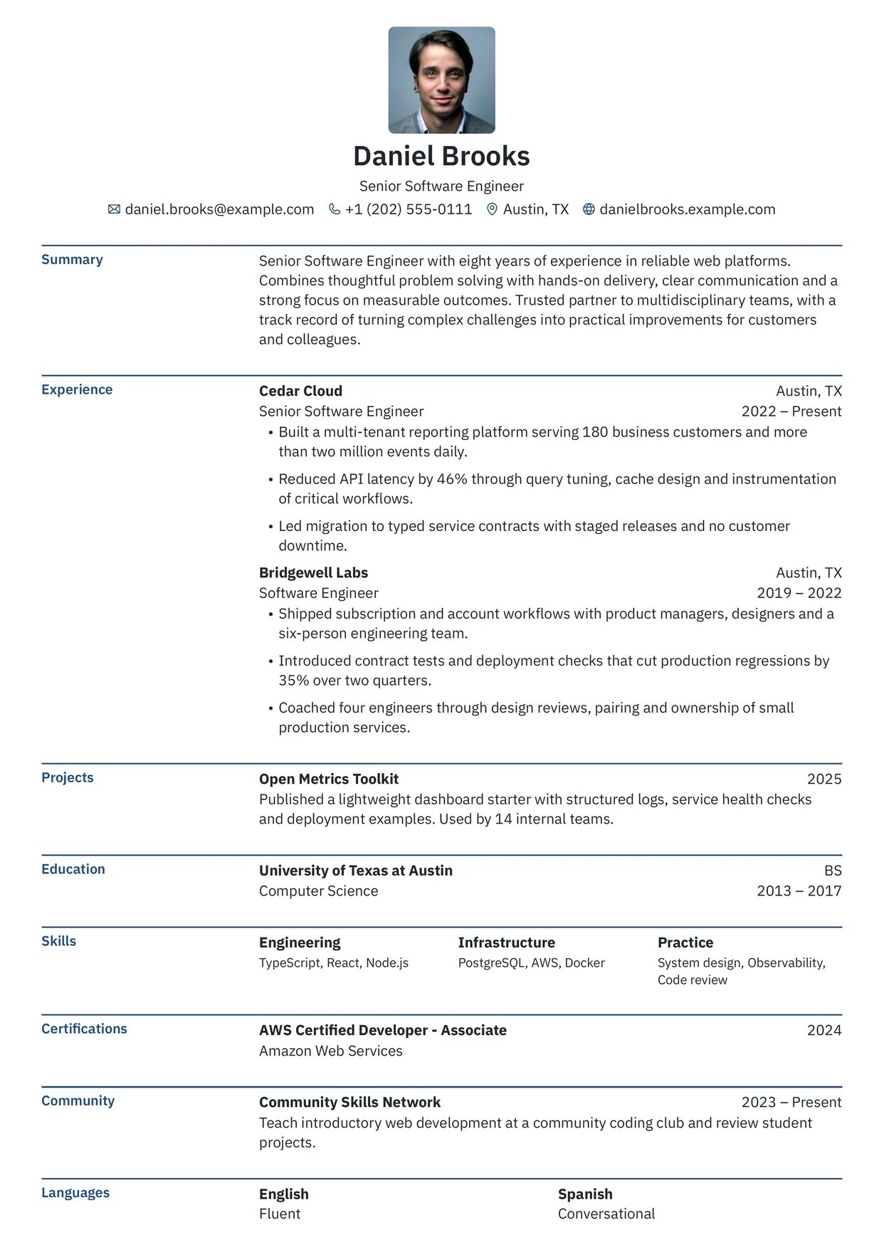First page of a resume in the Bronzor template: one column with labelled section rows